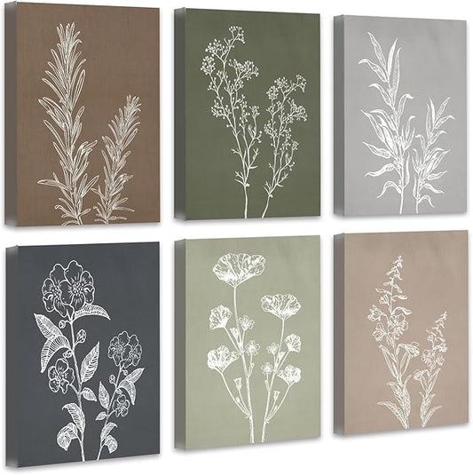 Drsoum Botanical Wall Art Framed Boho Wall Art Decor Wooded Minimalist Vintage Print Modern Rustic Farmhouse Home Kitchen Decor 8x10inx6pcs
