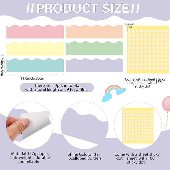 Containlol 188 Pcs Bulletin Board Borders Letters Stars Cutouts Set Include 59ft Poster Board Trims, Alphabet Letter Star Number Punctuation for Classroom(Pastel Color)