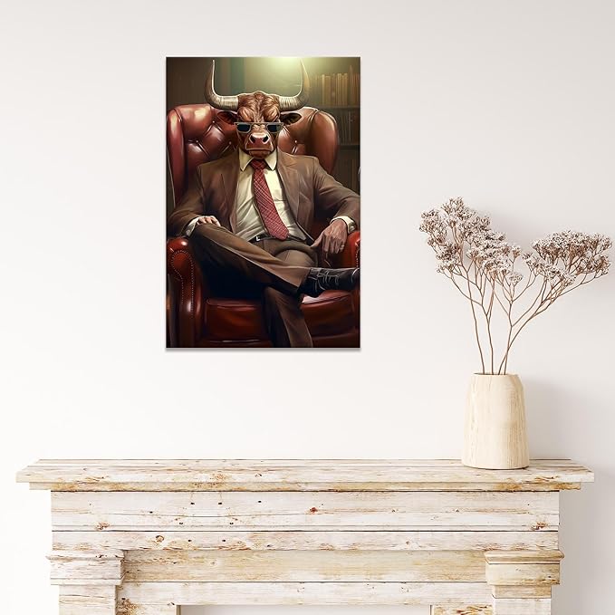 Trendy Suit Animal Cow Portrait Wall Art Funny Boss Cow Canvas Posters Work Struggle Motivation Inspiring Prints Painting For Office Living Room Wall Decor 8x12in Framed