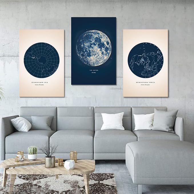 3 Piece Astronomy Wall Art - Star Map Canvas Painting Moon Wall Decor Navy Blue Constellation Picture Lunar Phases Prints Poster for Bedroom Bathroom Office Stretched Framed Ready to Hang 24"x36"x3Pcs