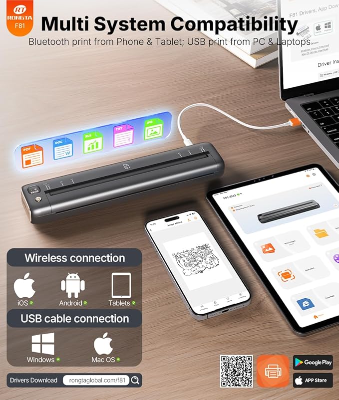 Rongta Portable Printer Wireless for Travel, Bluetooth Inkless Thermal Printers for 8.5" x 11" US Letter & A4 Size, Compatible with Android iOS Phone Mac Windows Laptop for Office & Home (Gray)