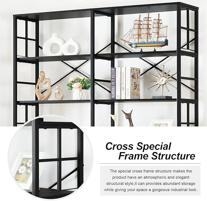 HOMISSUE Bookshelf, Industrial Double Wide 7-Tier Bookshelves, 84" Tall Bookcase with Open Shelves, Heavy Duty Bookcases with Storage for Living Room Home Office, Black