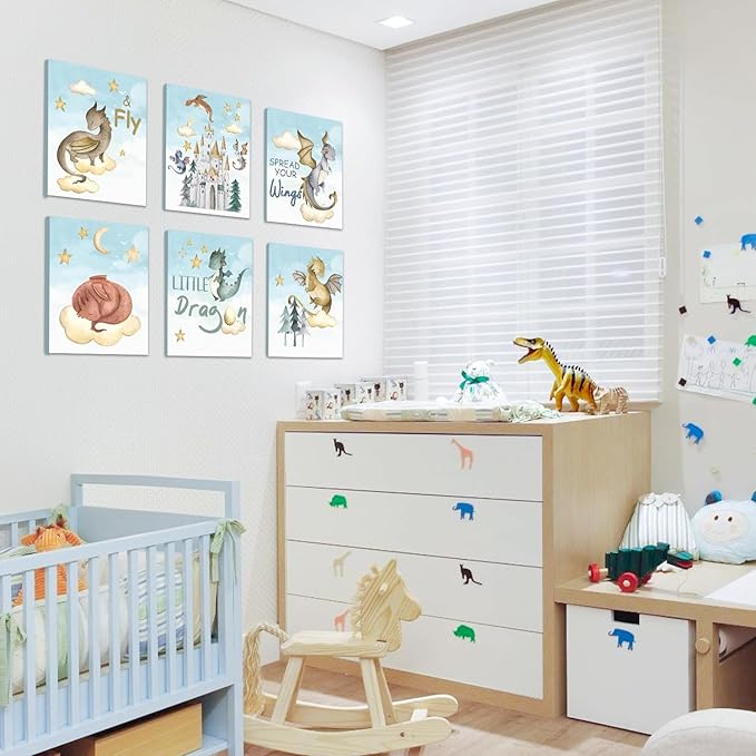 CHDITB Dinosaur Canvas Wall Art Nursery Wall Decor, Set of 6(8x10 inch) Cute Dream Dinosaur Cub Framed Art Prints, Baby Dinosaurs Cartoon Castle Animals Poster For Children's Boy Kids Room Bedroom
