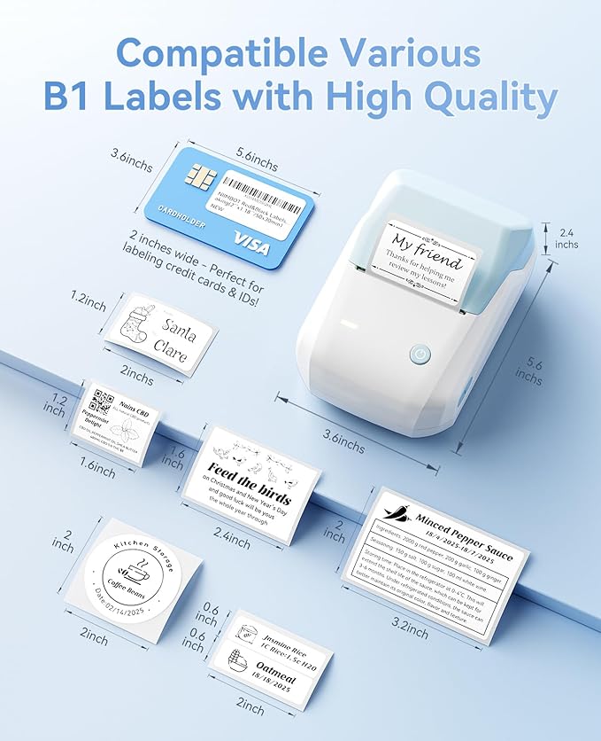 NIIMBOT B1 Label Maker Machine, Thermal Label Printer Easy to Use for Office, Home, Business, Came with 1 Roll White Label(Light Blue)