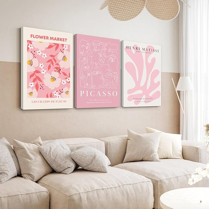 Matisse Abstract Wall Art Decor Pink Flower Canvas Pictures Picasso Aesthetic Wall Art Henri Matisse Prints Poster Abstract Flower Painting Market Artwork for Bedroom 16x24 Inch Framed Set of 3