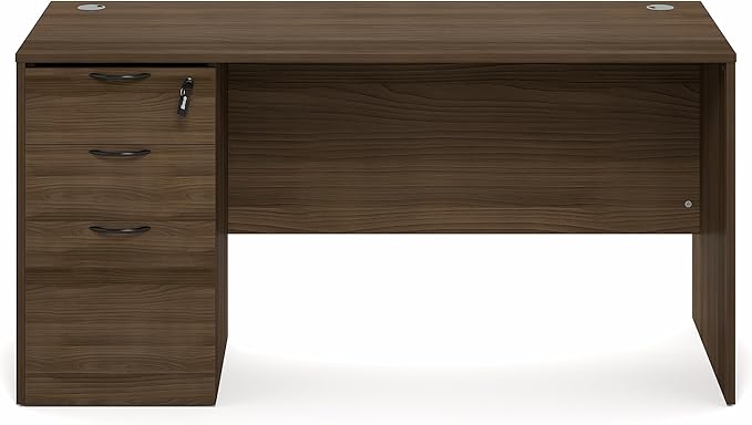 Furinno Roger 60 Inch Executive Desk with File Cabinet, Home Office Desk with 3-Drawer Fixed Pedestal Filing Cabinet, Desk Cord Grommet, for Home Office, Modern Walnut
