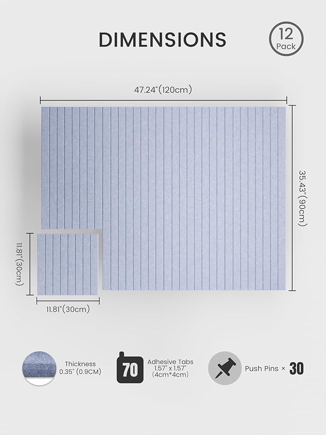 Bumusty Large Cork Board Alternative-48 x 36" Felt Bulletin Board Tiles, with 30 Pushpins, 70 Adhesive Tabs, 12-Pack Slat Wall Paneling, Cork Boards for Office Push Pin Board-Soft Periwinkle