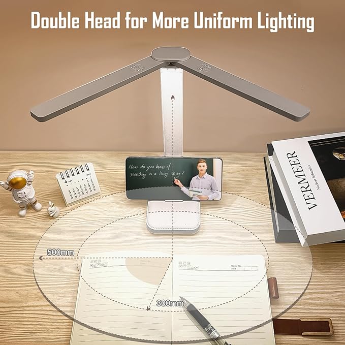 LED Double Head Desk Lamp, Rechargeable Portable Table Lamp, Adjustable Light Color and Brightness, USB Powered, LED Light for Work, Reading, Emergency (Pink)