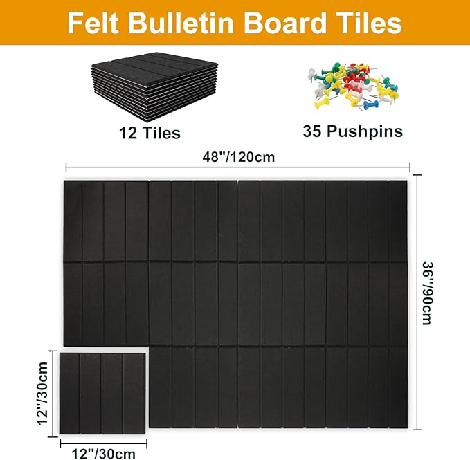Large Bulletin Board 48"x36",Large Cork Board Alternative,Felt Bulletin Board Tiles with 35 Pushpins,12 Pack Felt Cork Board Tiles with Self Adhesive for Office Pin Board, Home & Classroom