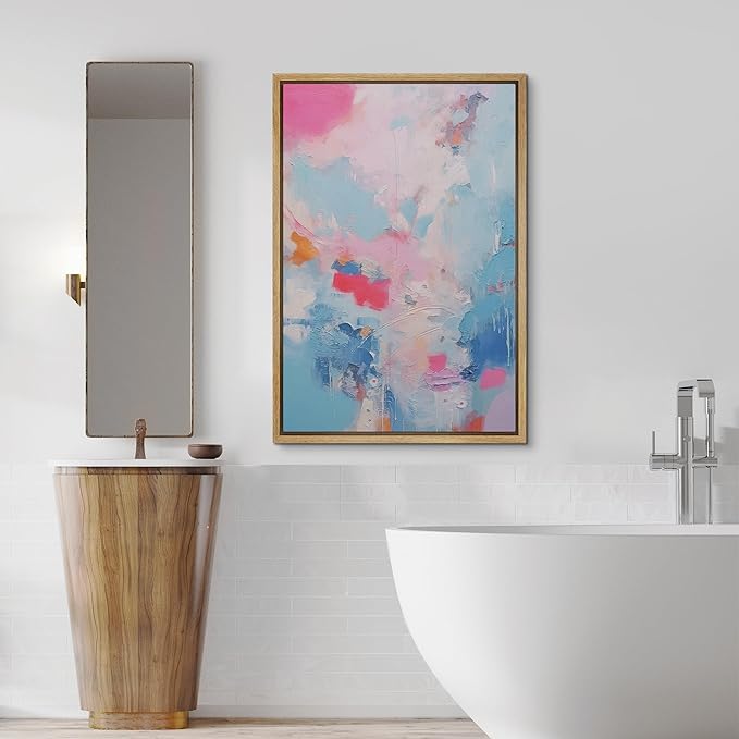 SIGNFORD Framed Canvas Print Wall Art Pink Baby Pastel Blue Landscape Abstract Geometric Illustration Minimalism Decorative Colorful Mid-Century for Living Room, Bedroom, Office - 16"x24" Natural