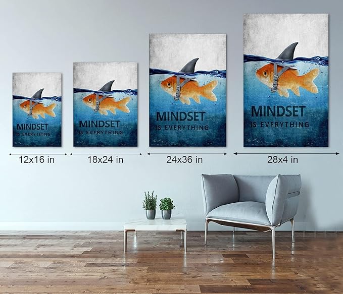 Motivational Goldfish Canvas Office Print Wall Art Shark Picture Animal Poster Painting Modern Inspiring Artwork Decor for Living Room Bedroom Office Home Decor, Framed 18"x24"