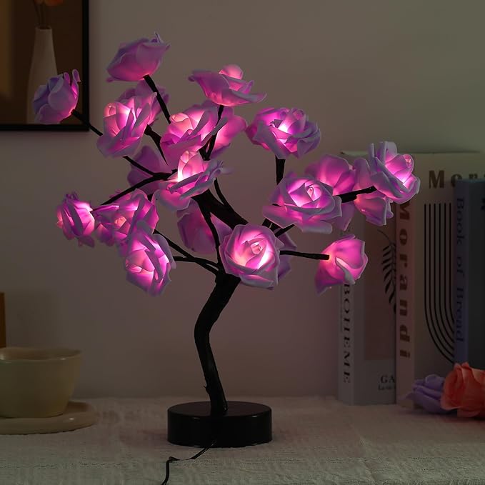 Drawelry Rose Flower Tree Lamp - LED Rose Tree Table Lamp USB/Battery Powered Artificial Bonsai Flower Night Light for Bedroom Living Room Party Wedding Birthday Decor (Purple)