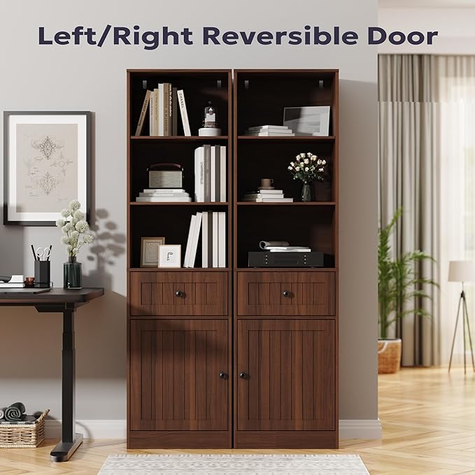 Farmhouse 71" Tall Bookshelf with Drawer, Narrow Bookcase with Adjustable Left/Right Door, Adjustable Shelf, Freestanding Display Book Shelf for Bedroom,Living Room, Office, Walnut