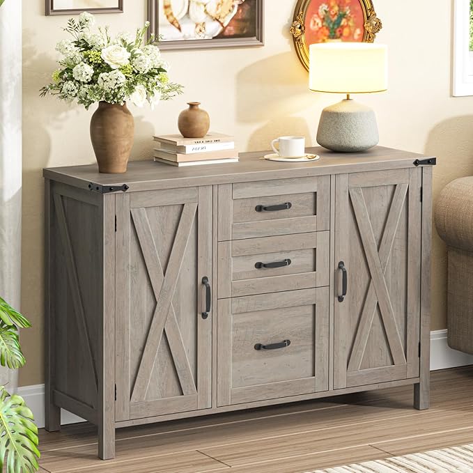Farmhouse File Cabinet with Doors, Lateral Filing Cabinet with 3 Drawers for Letter/A4 Size Hanging Files, Large Wooden Printer Stand with Adjustable Shelves for Home Office, Rustic Grey