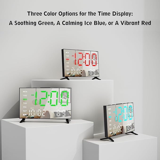 Mirror Digital Loud Alarm Clock,Indoor Temperature,USB Charging Port,Dimmer,Dual Alarms,Adjustable Volum,12/24H,Snooze,Perfect for Bedroom and Living Room (Black+Ice Blue Digit)
