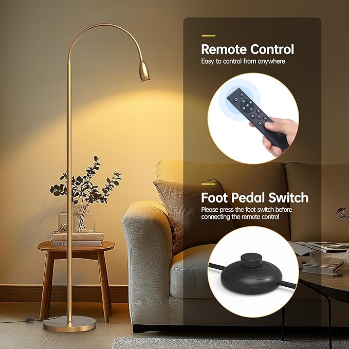 Reading Floor Lamp, 73" Standing Lamp with Dimmable Zoomable LED Spotlight, Adjustable Color Beam and Flexible Gooseneck, Remote & Pedal Control, for Reading Bedroom Crafting (Antique Brass)