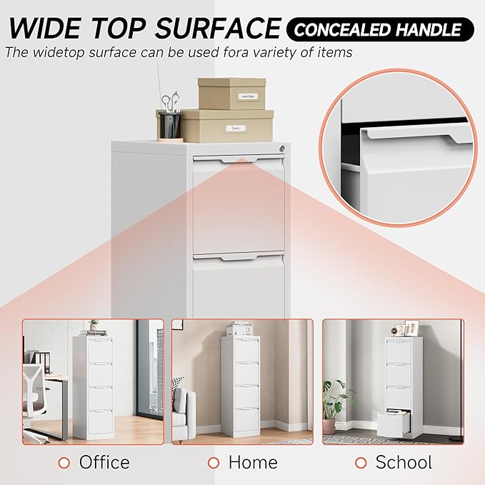 4 Drawer File Cabinet,Metal Vertical File Storage Cabinet with Lock,Filing Cabinets for Home Office,A4 Legal/Letter, Assembly Required(White)