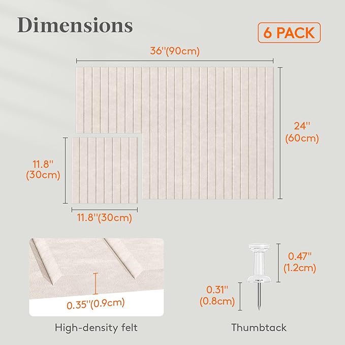 Lifewit Felt Slatted Bulletin Board with Self-Adhesive, 36"x 24"-6 Pack Cork Board Alternative, Pin Board Vision Board Message Board with 30 Pushpins for Office Decor, Room Decor, Oatmeal