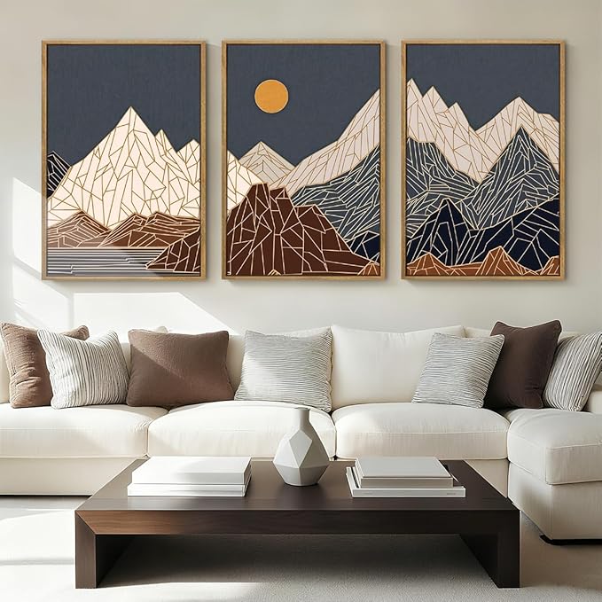 ANHUIB Farmhouse Mountain Wall Art Geometric Mountain Range Wood Wall Decor for Living Room Bedroom Office 16x24 Inch Set of 3
