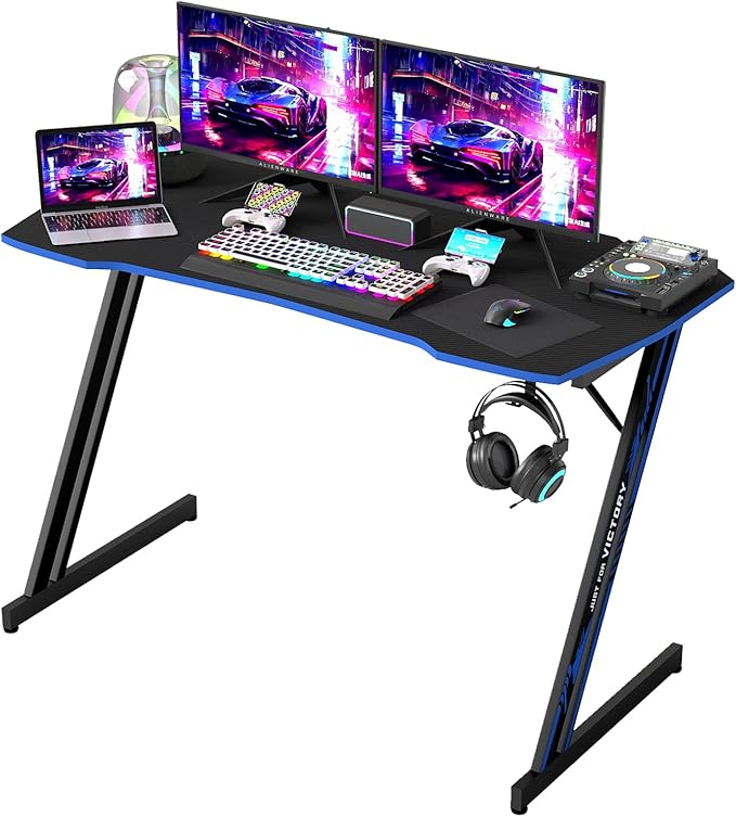 BestOffice Gmaing Desk Z Shaped 47 inch PC Computer Desk Computer Workstation Ergonomic Gaming Table with Headphone Hook for Game Players, Black&Blue