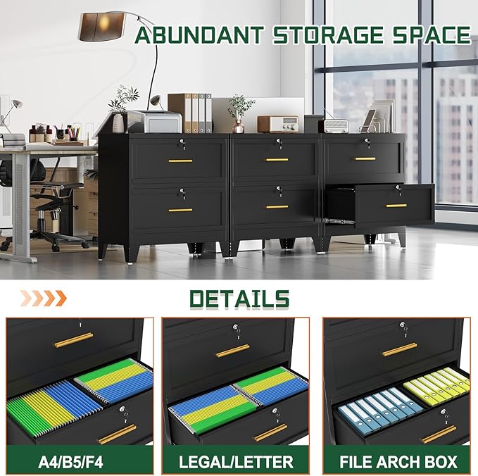 2 Drawer File Cabinet with Lock, Metal Lateral File Cabinets for Home Office, Steel Wide Filing Organization Storage Cabinets, Home Office Furniture for Hanging Files Letter/Legal/F4/A4 Size
