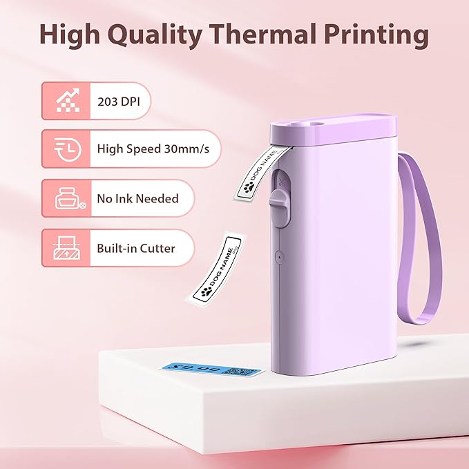P21 Label Maker Machine with Tape, Bluetooth Label Printer Thermal Mini Label Makers with Built-in Cutter and Multiple Templates, Portable Printers for School, Office, Home Use-Purple