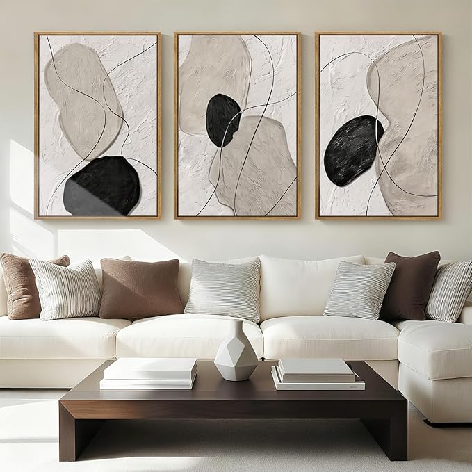 ANHUIB Neutral Abstract Wall Art Canvas,Mordern Geometric Wall Decor Framed,Contemporary Minimalist Artwork, Black Beige Canvas Prints, 3 Piece 16 * 24IN Painting for Living Room Bedroom Office