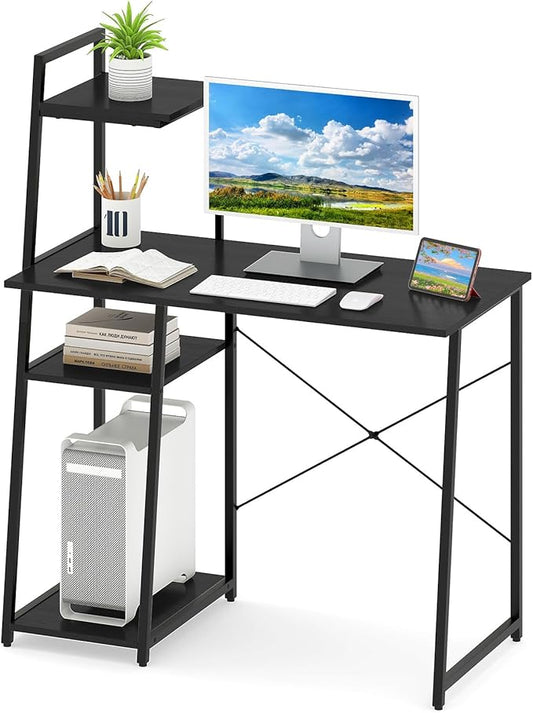 Giantex Computer Desk with Shelves, 47.5” Home Office Desk with Bookshelf, Host Stand, Metal Frame, PC Laptop Workstation, Modern Study Writing Desk for Bedroom, Small Space (Black)