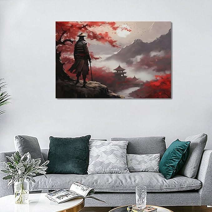 yerretin Japanese Bushido Wall Art Samurai Pictures Wall Decor Ancient Japan Warrior Canvas Landscape Painting Home Decoration Artwork for Bathroom Bedroom Living Room Office Framed 24"x16"