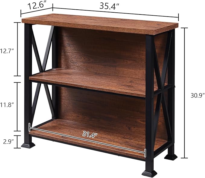 HOMBAZAAR Bookshelf,Small Industrial Bookshelf with Engineered Wood Shelves,3 Tier Shelf Bookcase with Metal Frame,Short Book Shelf for Living Room,Small Space and Office,Rustic Brown