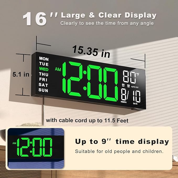 JALL 16" Large Digital Wall Mount Clock, Count Down Timer, Alarm, Big LED, RGB Color, DST, Temperature for Living Room Classroom Desk, Xmas, Birthday Gift, for Senior Mom Dad (Green White, 16 inches)