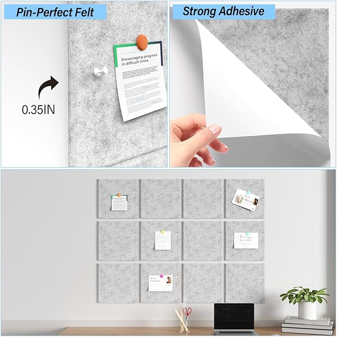 Large Cork Boards for Walls – 36" x 24" Self Adhesive Felt Wall Tiles, Ideal for Office Black Bulletin Board, Easy to Install Pin Board Photo Board