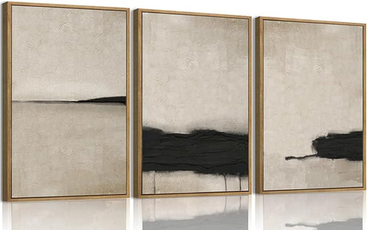 myusuar 3 Piece Large Modern Abstract Canvas Framed Wall Art For Living Room, Black And Beige Vintage Minimalist Wall Art Decor Posters Prints For Bedroom Office 12x16in