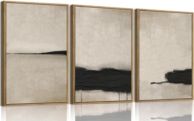 myusuar 3 Piece Large Modern Abstract Canvas Framed Wall Art For Living Room, Black And Beige Vintage Minimalist Wall Art Decor Posters Prints For Bedroom Office 24x36in