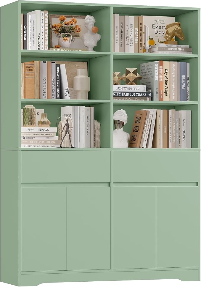 FINETONES 69" Green Bookshelf with Doors, 47.2" Double Wide Bookshelves and Bookcases with Storage, Tall Bookshelf Large Open Book Shelf Standing Book Case for Home Office, Green