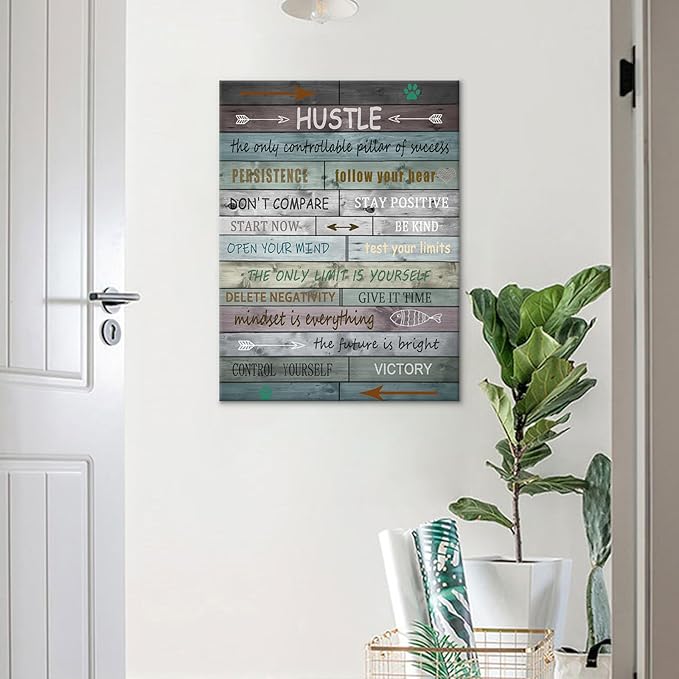 Motivational Poster Wall Art Hustle Motivational Quotes Print on Canvas Picture Painting Positive Wall Decor Artwork for Modern Home Bedroom Office Classroom Gym Stretched the Framed [18''Wx24''H]