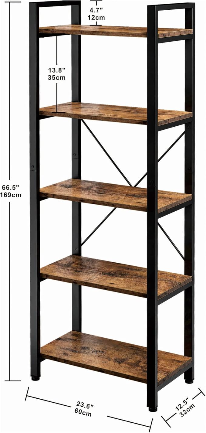 IRONCK Bookshelf, 5-Tier Book Shelf, 110 lbs/Shelf Vintage Industrial Style Bookshelves for Living Room and Home Office, Vintage Brown