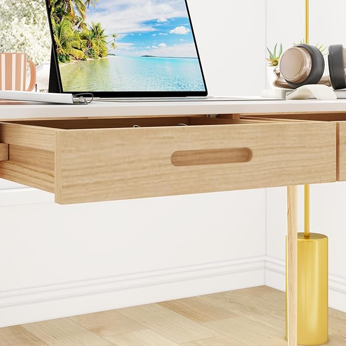 Home Office Computer Desk Coner Desk with 2 Drawers, Study Writing Table for Home Office, Study, White & Natural (47.2 ”W x 23.6”D x 29.1”H)