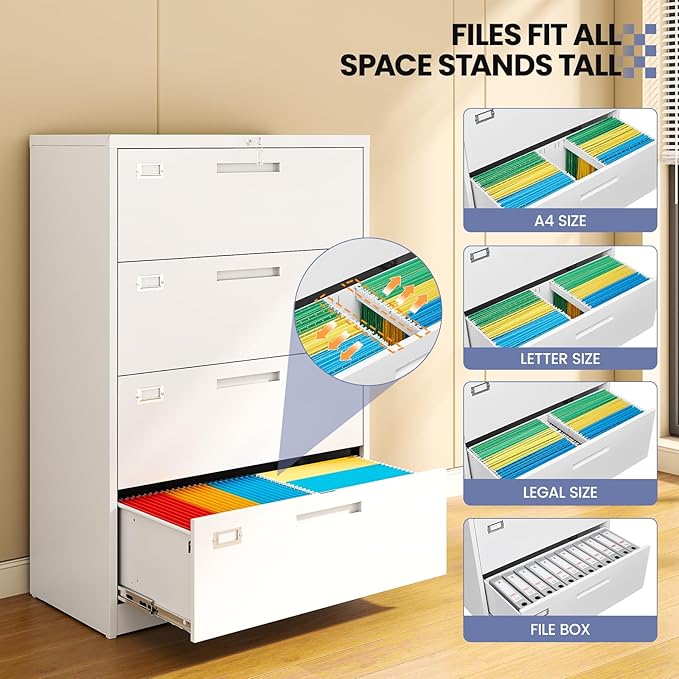 4 Drawer File Cabinet, Locking Lateral Filing Cabinet for Home Office, File Cabinets with Business Card Holder for Letter/Legal/F4/A4 Hanging Files