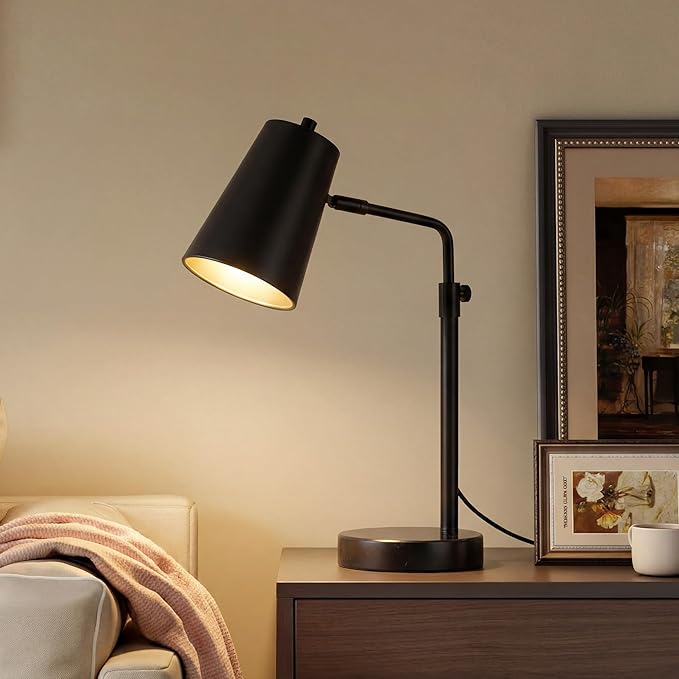 VONLUCE 20" Desk Lamp with LED Bulb, Metal Table Lamp Marble Base, Mid Century Modern Reading Lamp Office, Industrial Task Lamp Work Lamp for Reading Bedroom, Black