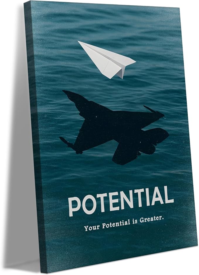 Motivational Potential Wall Art - Your Potential is Greater with Blue Ocean Background Canvas Prints Entrepreneur Poster Inspirational Quote Wall Decor for Office Living Room Home, Framed 28"x44"