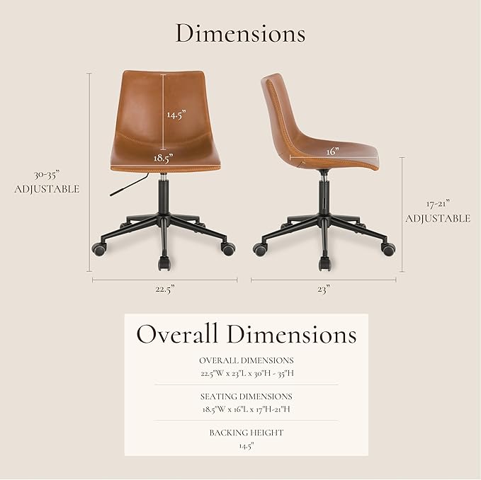POLY & BARK Paxton Task Chair – Adjustable Height 17"-21" Swivel Office Chair with Vegan Leather Upholstery, Matte Black Steel Frame, and Caster Wheels – Cognac Tan
