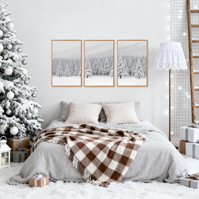 CHDITB Snowy Christmas Pine Trees Framed Canvas Wall Art(16"x24"), 3 Panels Winter Forest Landscape Artwork Prints, Large Neutral Abstract Nature Evergreen Snow Scene Xmas Gift Decor for Home Office Bedroom