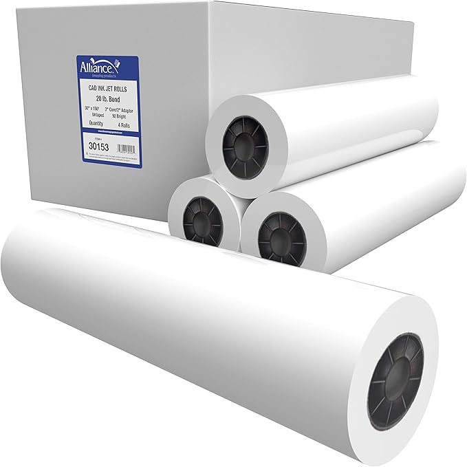 Alliance Wide Format Paper Rolls CAD Bond 30" Widths (4 Rolls, 30 In x 150 Ft | 3" Core)