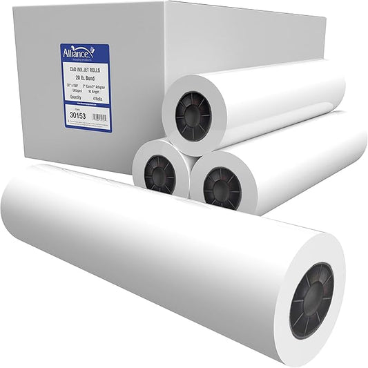 Alliance Wide Format Paper Rolls CAD Bond 30" Widths (4 Rolls, 30 In x 150 Ft | 3" Core)