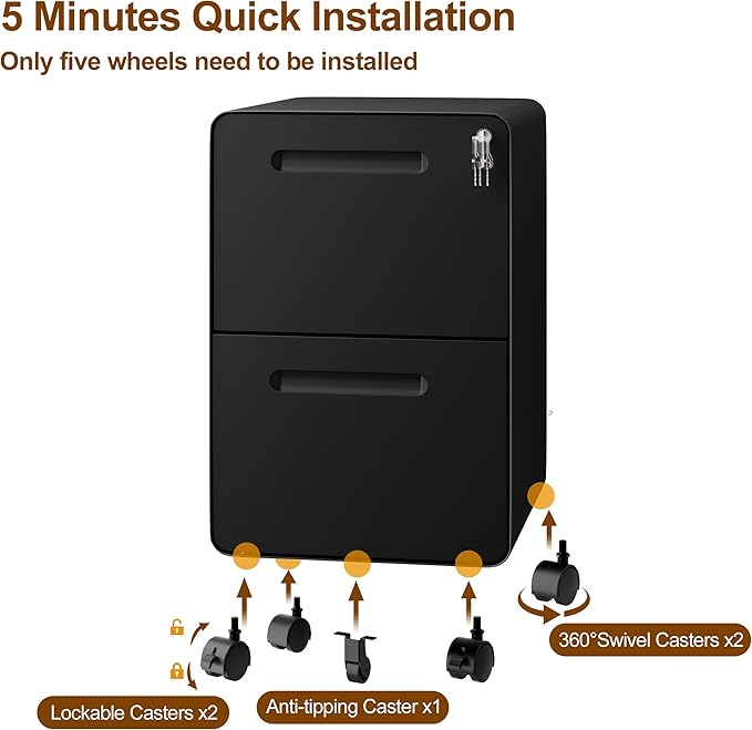 2 Drawers Metal Filing Cabinet with Lock, with 25 File Folders, Mobile Vertical Cabinet with Fully Assembled Except Casters, for Home Office, Black
