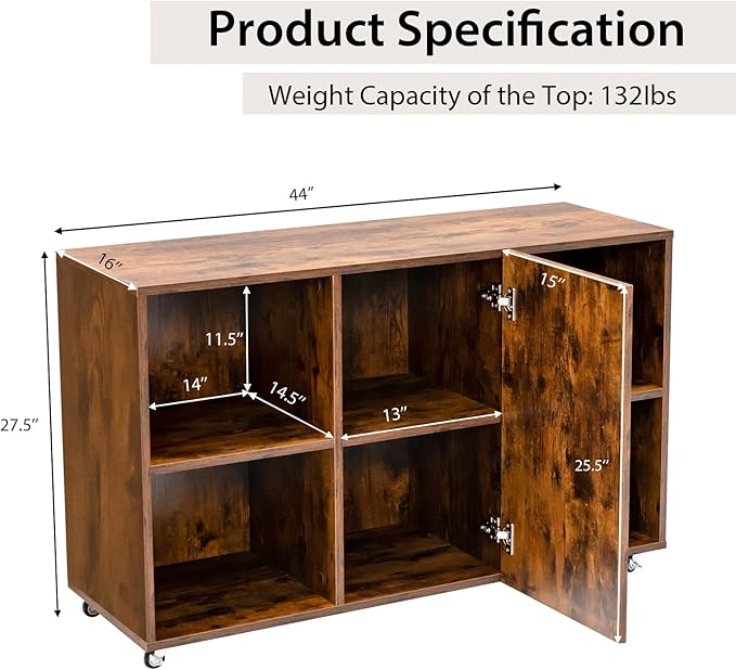Lateral File Cabinet, Wood Storage Cabinet with Doors and Shelves, Kitchen Buffet Sideboard with 6 Universal Wheels, Modern Printer Stand, Mobile Filing Cabinets for Home Office (Rustic Brown)