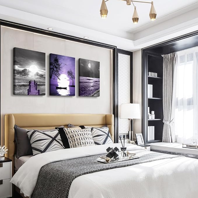 wall decorations for living room 3 Piece framed canvas wall art bathroom artwork for wall painting office bedroom wall decor Black and white ocean purple Landscape modern family Posters home decor