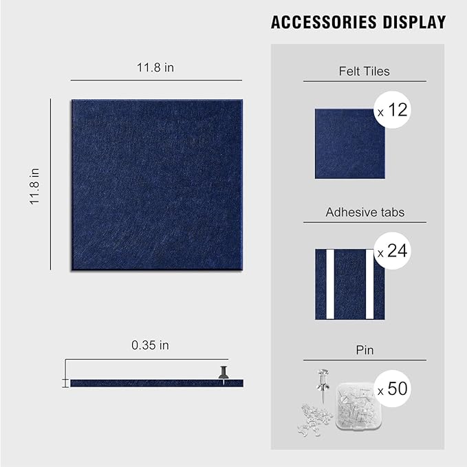 TSJOFFICE Large Cork Board for Wall - 48" x 36" Bulletin Board with 50 Pushpins for Office Decor, Pin Board 12 Pack Felt Wall Tiles with Safe Removable Adhesive Tabs, Corkboard for Home - Navy Blue