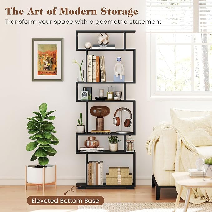 Giantex 6-Tier Geometric Bookshelf, S-Shaped Bookcase with 2 Anti-Tipping Kits, Wooden Display Shelf, Decorative Storage Shelving Unit, Home Storage Organizer for Office Living Room (1,Black)